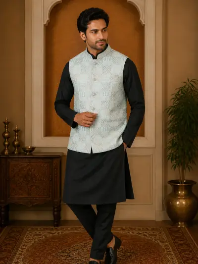 Blue Geometric Embroidered Waistcoat view 2