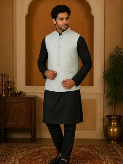 Mint Green Embroidered Waistcoat view 2
