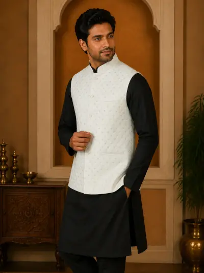 Ivory White Textured Embroidered Waistcoat