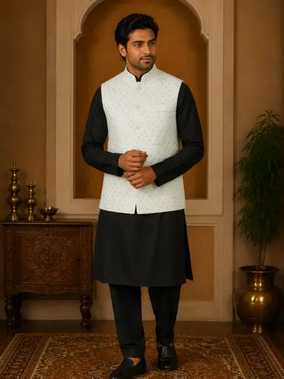 Ivory White Textured Embroidered Waistcoat view 2