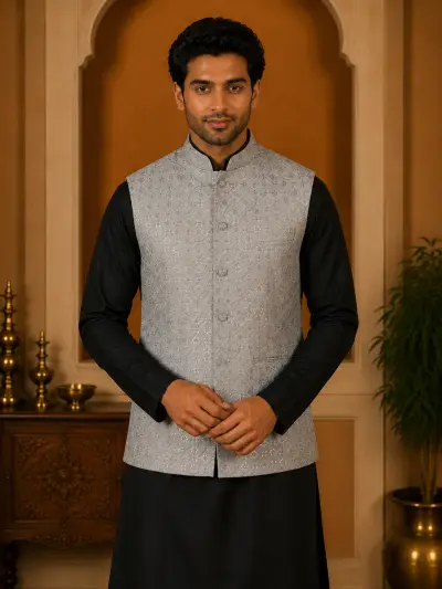 Silver Grey Embroidered Waistcoat