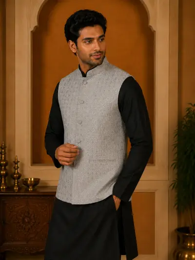 Silver Grey Embroidered Waistcoat view 2