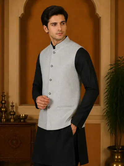 Silver Grey Embroidered Sequin Waistcoat