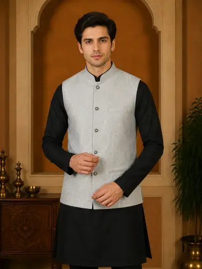 Silver Grey Embroidered Sequin Waistcoat view 2