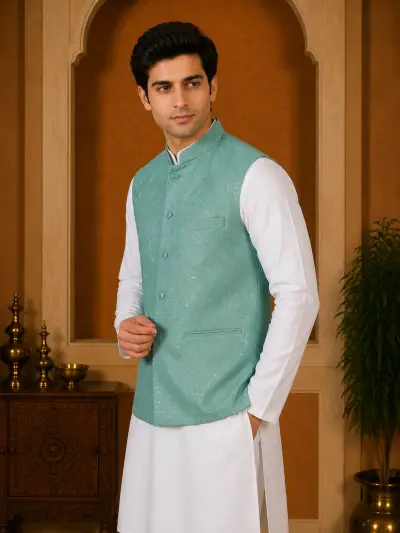 Sea Green Embroidered Sequin Waistcoat
