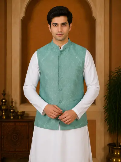 Sea Green Embroidered Sequin Waistcoat view 2