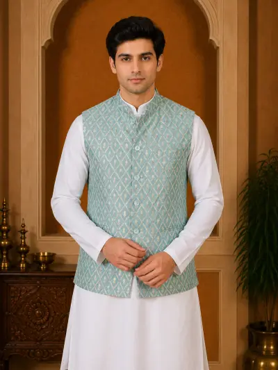 Sky Blue Jacquard Ethnic Waistcoat
