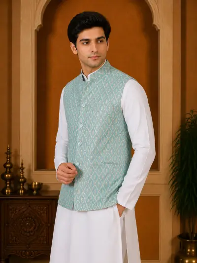 Sky Blue Jacquard Ethnic Waistcoat view 2