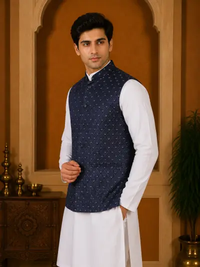 Navy Blue Embroidered Jacquard Waistcoat