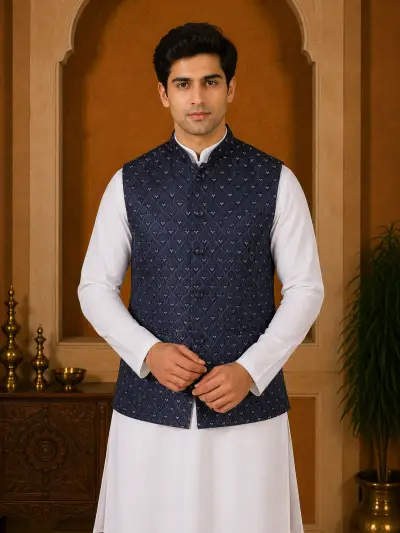 Navy Blue Embroidered Jacquard Waistcoat view 2