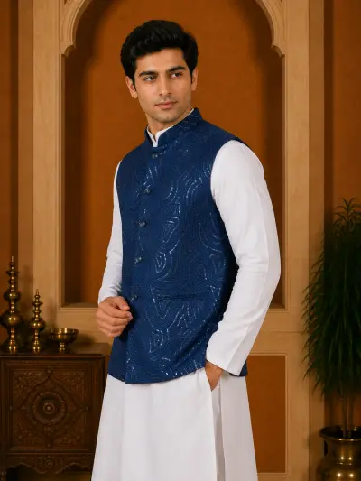 Royal Blue Embroidered Sequin Waistcoat