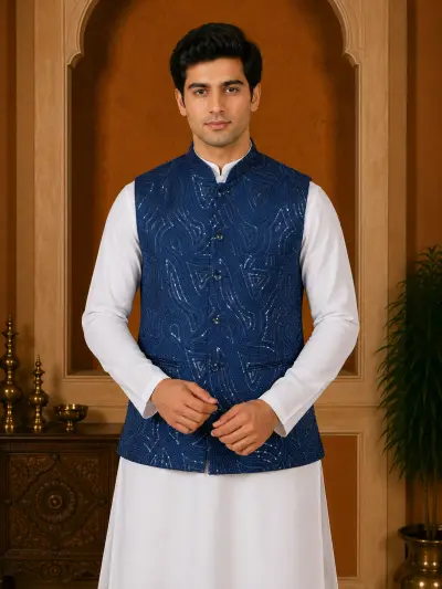 Royal Blue Embroidered Sequin Waistcoat view 2