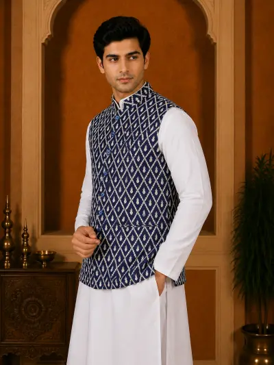 Navy Blue Diamond Jacquard Waistcoat