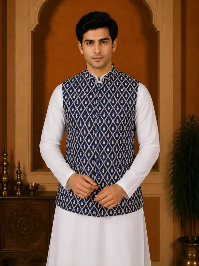 Navy Blue Diamond Jacquard Waistcoat view 2