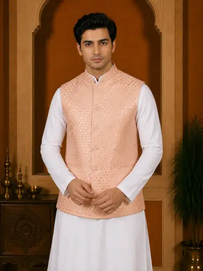 Peach Mirror Work Ethnic Waistcoat