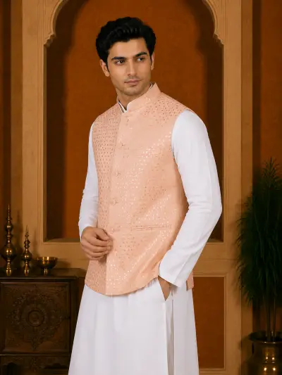 Peach Mirror Work Ethnic Waistcoat view 2