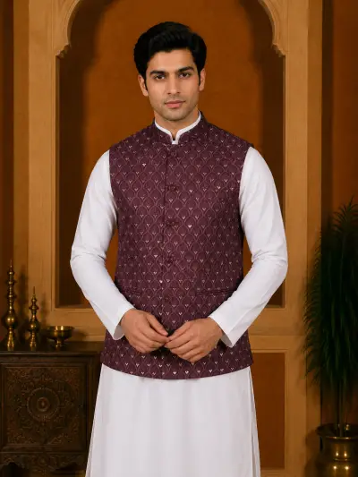 Wine Embroidered Jacquard Waistcoat