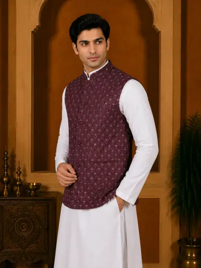 Wine Embroidered Jacquard Waistcoat view 2