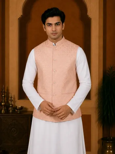 Peach Embroidered Sequin Waistcoat view 2