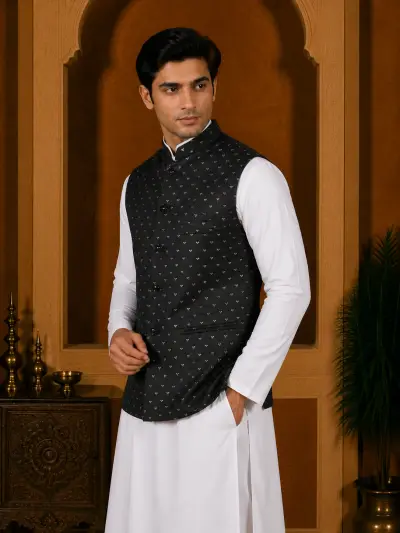 Black Embroidered Jacquard Waistcoat