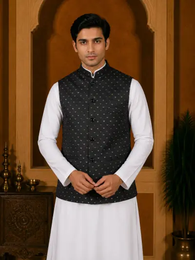 Black Embroidered Jacquard Waistcoat view 2