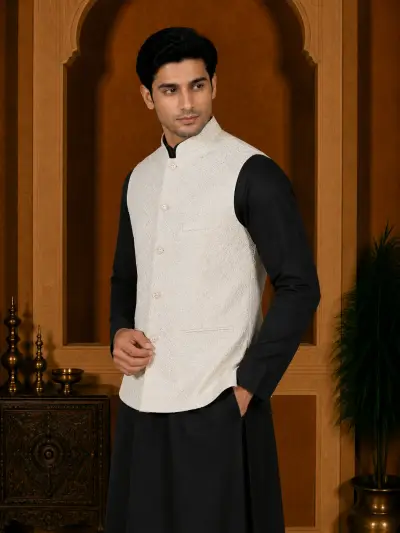 Ivory Textured Embroidered Waistcoat