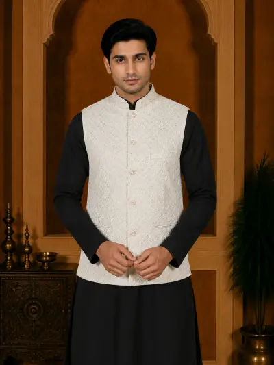 Ivory Textured Embroidered Waistcoat view 2