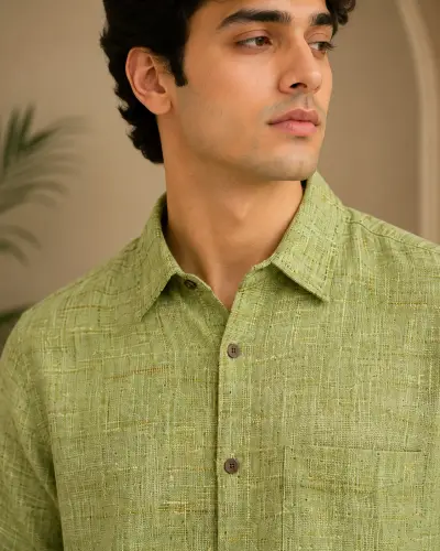 Bhagalpuri Ghiccha Sage Green Textured Half Sleeve Shirt view 4