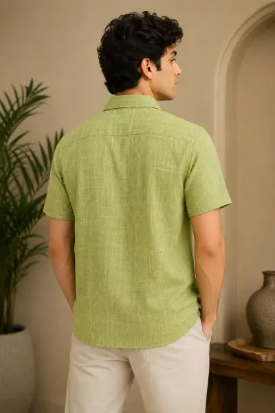 Bhagalpuri Ghiccha Sage Green Textured Half Sleeve Shirt view 3