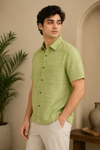 Bhagalpuri Ghiccha Sage Green Textured Half Sleeve Shirt view 2