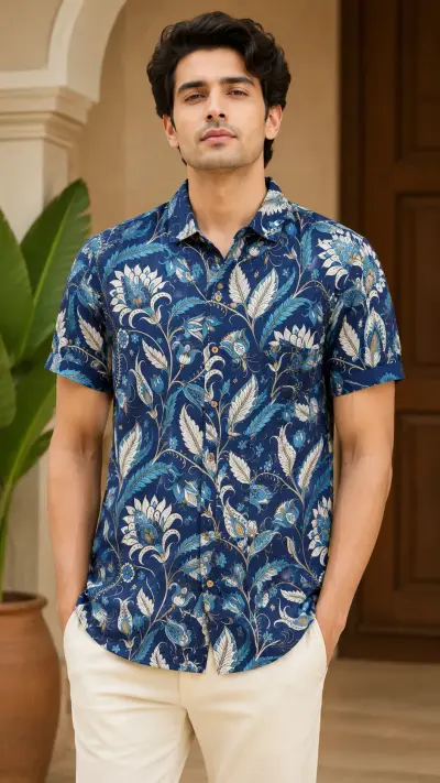 Blended Linen Navy Blue Floral Print Half Sleeve Shirt