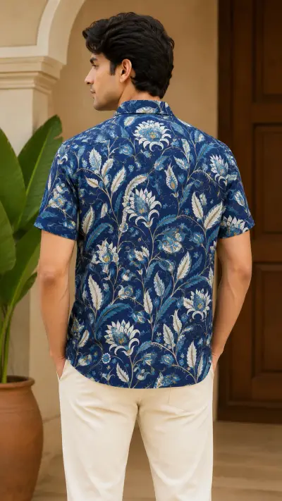 Blended Linen Navy Blue Floral Print Half Sleeve Shirt view 4