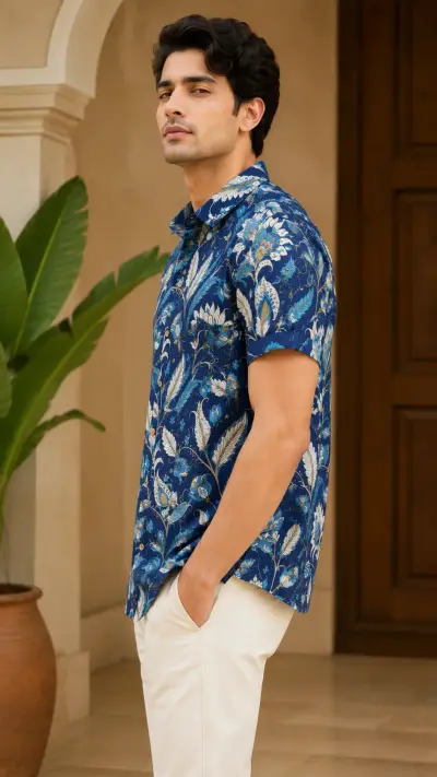 Blended Linen Navy Blue Floral Print Half Sleeve Shirt view 3
