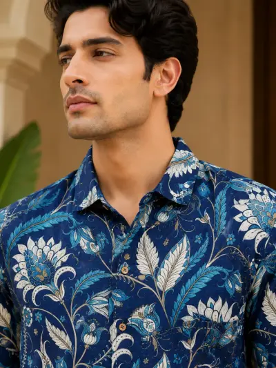 Blended Linen Navy Blue Floral Print Half Sleeve Shirt view 2