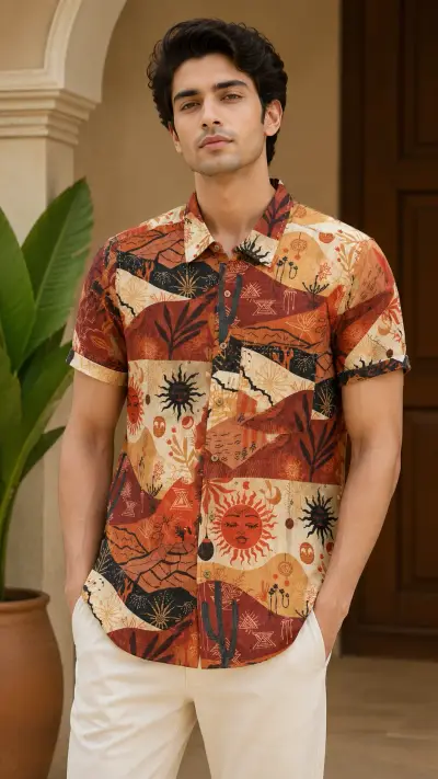 Blended Linen Rust Abstract Print Half Sleeve Shirt