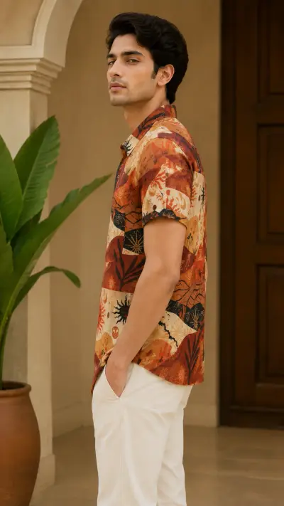 Blended Linen Rust Abstract Print Half Sleeve Shirt view 3
