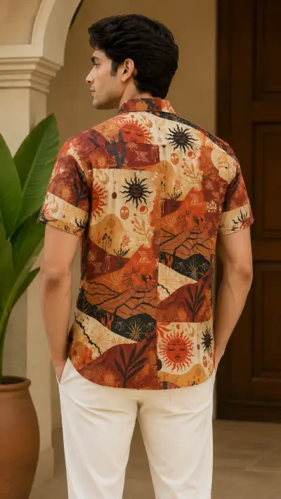 Blended Linen Rust Abstract Print Half Sleeve Shirt view 2