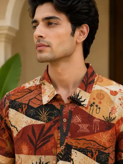 Blended Linen Rust Abstract Print Half Sleeve Shirt view 4