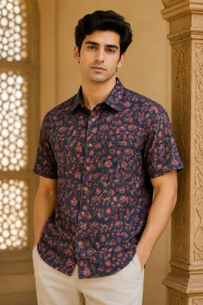 Blended Linen Midnight Floral Print Half Sleeve Shirt