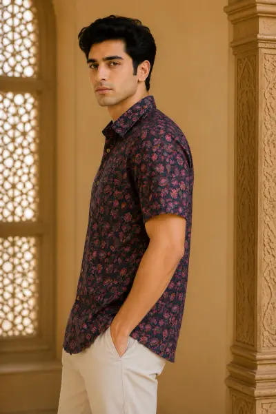 Blended Linen Midnight Floral Print Half Sleeve Shirt view 2