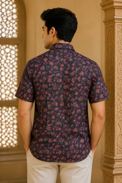 Blended Linen Midnight Floral Print Half Sleeve Shirt view 4