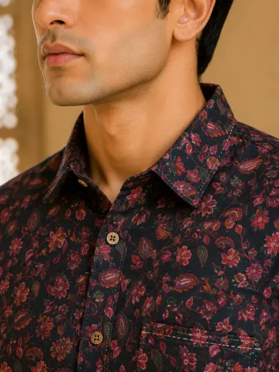 Blended Linen Midnight Floral Print Half Sleeve Shirt view 3