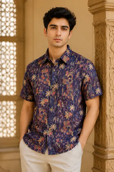 Blended Linen Royal Blue Heritage Print Half Sleeve Shirt