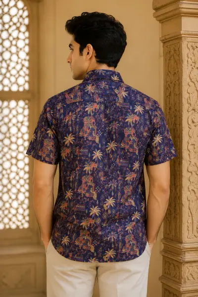 Blended Linen Royal Blue Heritage Print Half Sleeve Shirt view 3