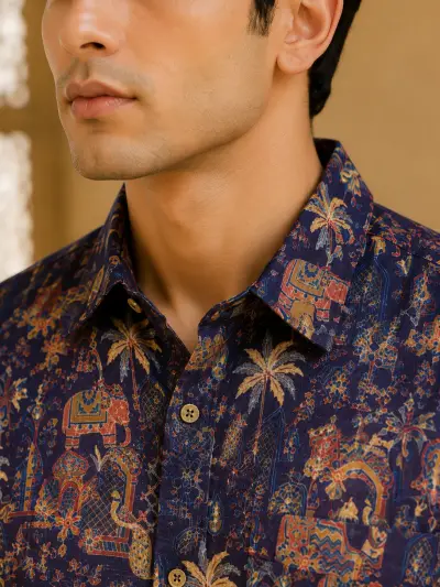Blended Linen Royal Blue Heritage Print Half Sleeve Shirt view 2
