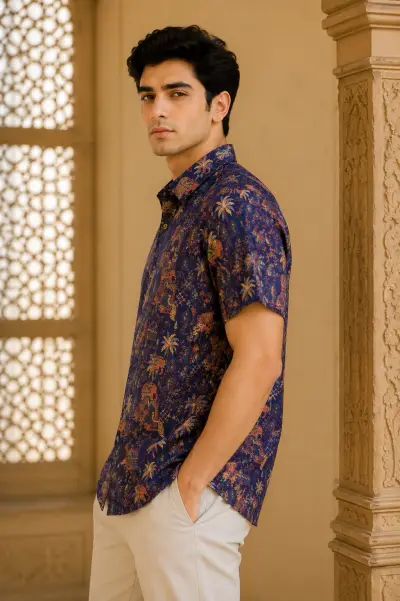 Blended Linen Royal Blue Heritage Print Half Sleeve Shirt view 4