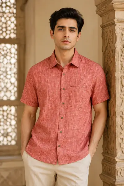 Bhagalpuri Ghiccha Coral Textured Half Sleeve Shirt