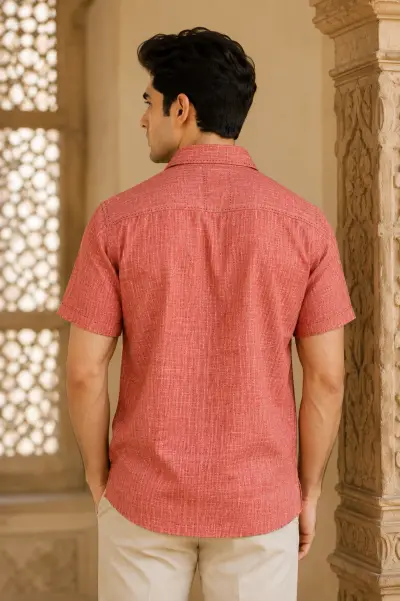 Bhagalpuri Ghiccha Coral Textured Half Sleeve Shirt view 4