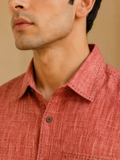 Bhagalpuri Ghiccha Coral Textured Half Sleeve Shirt view 3