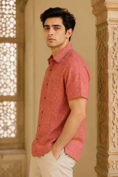 Bhagalpuri Ghiccha Coral Textured Half Sleeve Shirt view 2